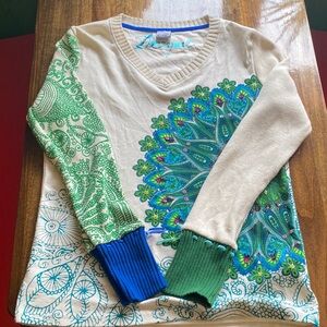 Desigual Cream V-Neck Sweater with Green and Blue Paisley Accents
